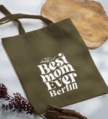 BK Gift Kişiye Özel İsimli Anneler Günü Tasarımlı Haki Kumaş Bez Çanta, Baskılı Omuz Çantası, Alışveriş Çantası, Anneler Günü Hediyesi, Anneye Hediye-1