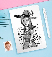 Kişiye Özel Bayan Cadı Karikatürlü Beyaz Defter ve Kalem Hediye Seti