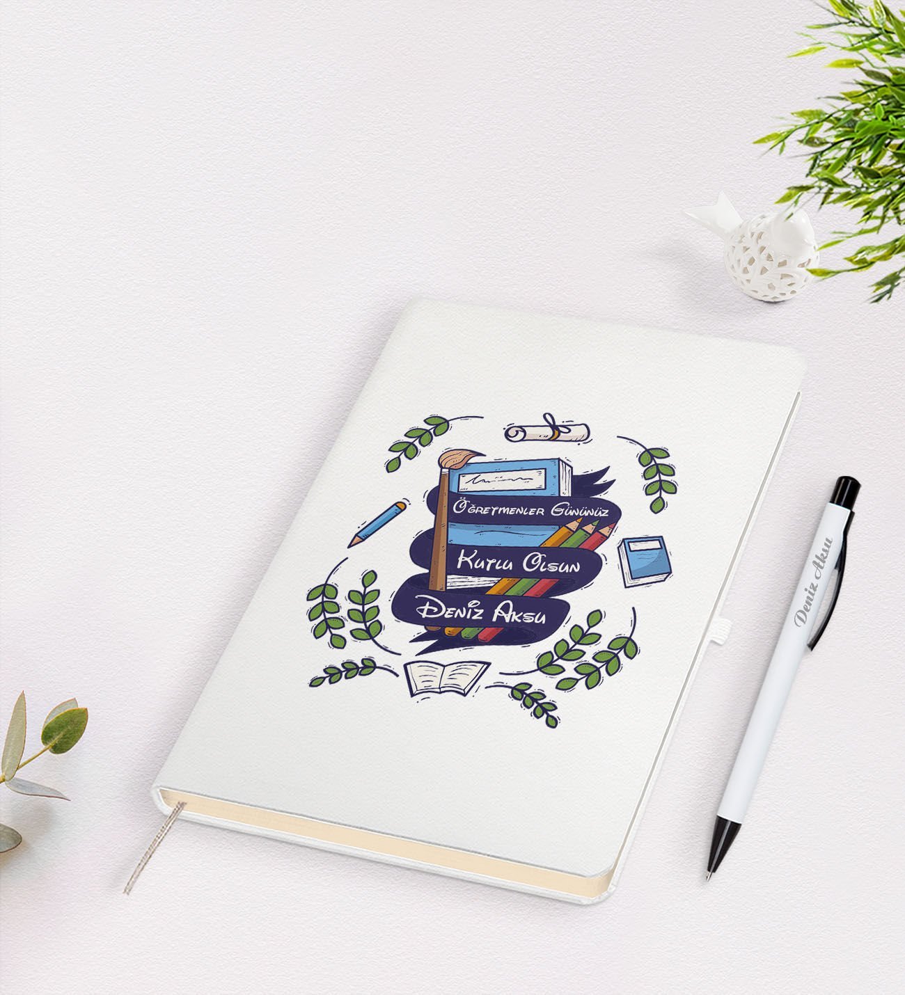 BK Gift Kişiye Özel Öğretmenler Günü Tasarımlı Beyaz Defter Kalem Seti - 2