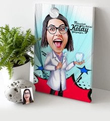 Kişiye Özel Bayan Diş Hekimi Karikatür Kanvas Tablo (30 x 50 cm.) 2