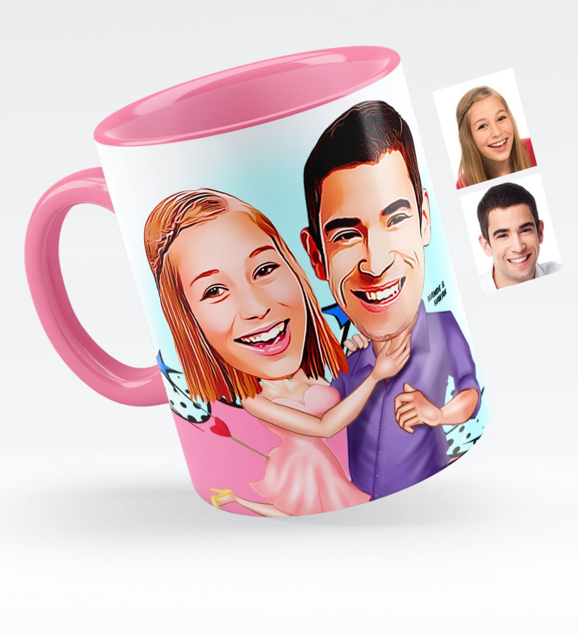 Kişiye Özel Sevgililer Karikatürlü Pembe Kupa Bardak - 3