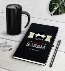 Kişiye Özel Benim Yakışıklı Babam Siyah Defter Kalem Termos Mug Seti