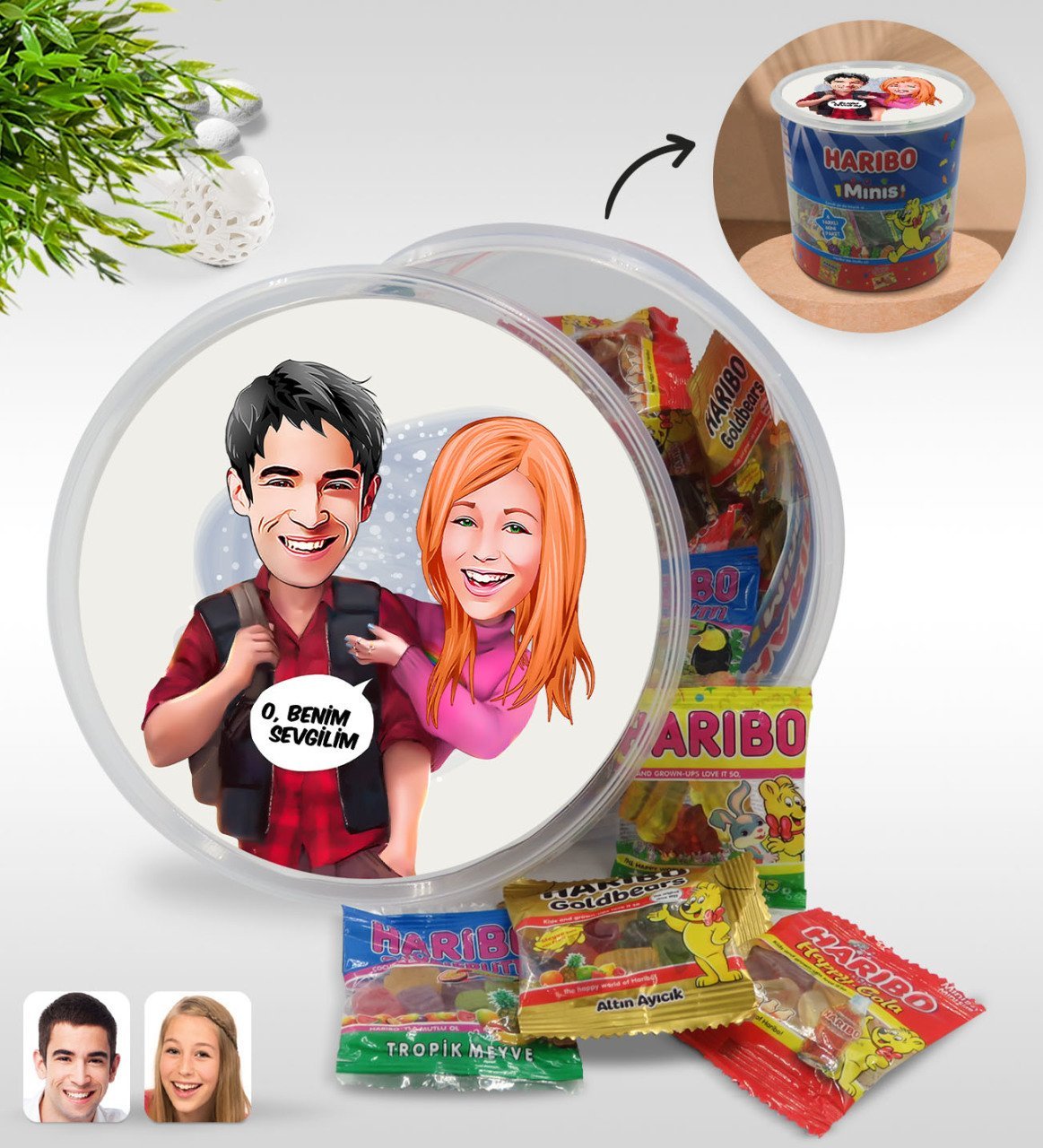 Kişiye Özel Sevgililer Karikatürlü Dev Boy Haribo Minis Kovası (10gx100adet) Model 91