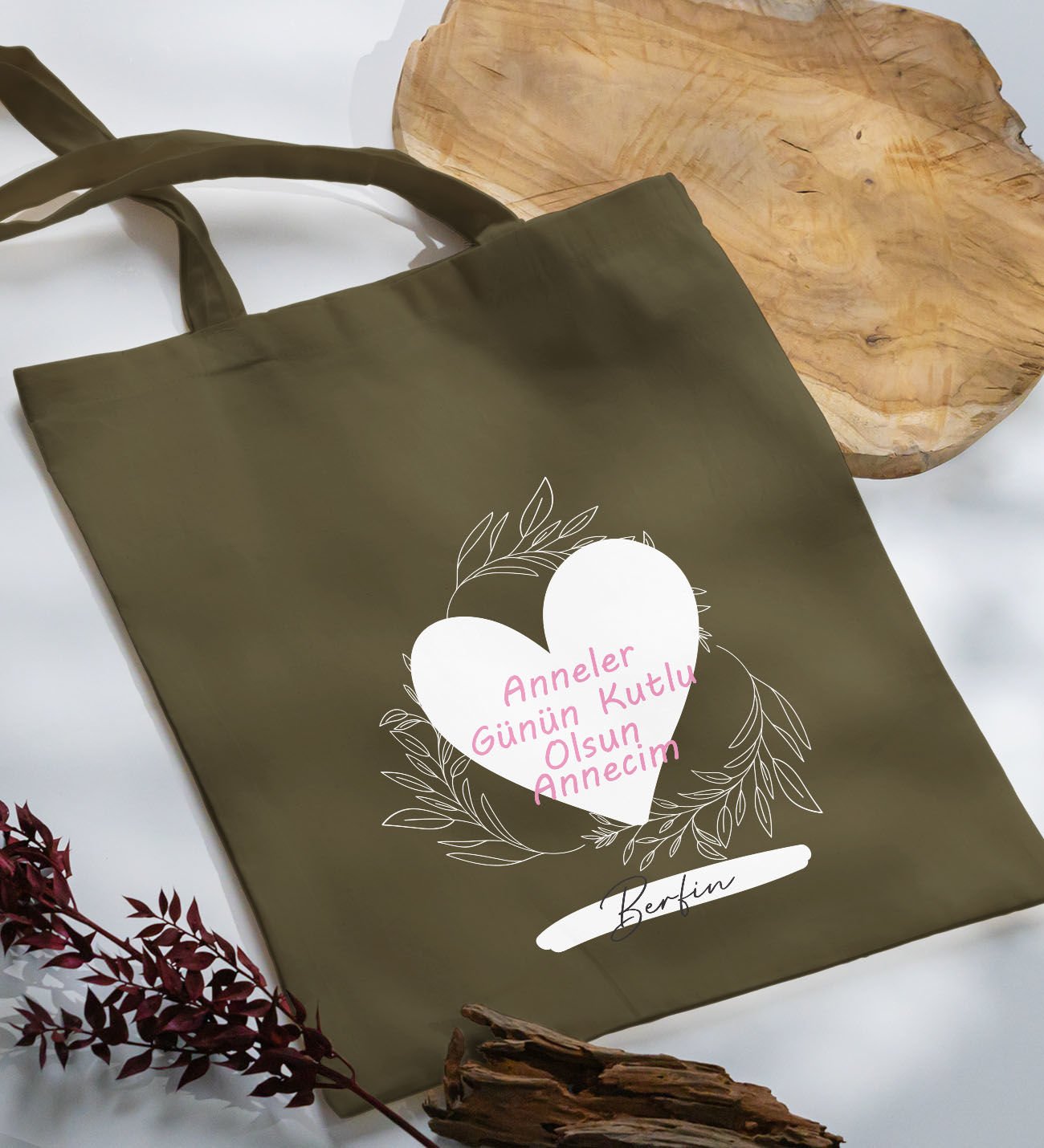 BK Gift Kişiye Özel İsimli Anneler Günü Tasarımlı Haki Kumaş Bez Çanta, Baskılı Omuz Çantası, Alışveriş Çantası, Anneler Günü Hediyesi, Anneye Hediye-2