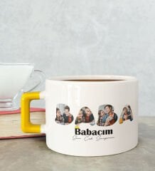 BK Gift Kişiye Özel Fotoğraflı Babalar Günü Tasarımlı Sarı Kulplu Çay & Kahve Fincanı-1, Babaya Hediye, Babalar Günü Hediyesi