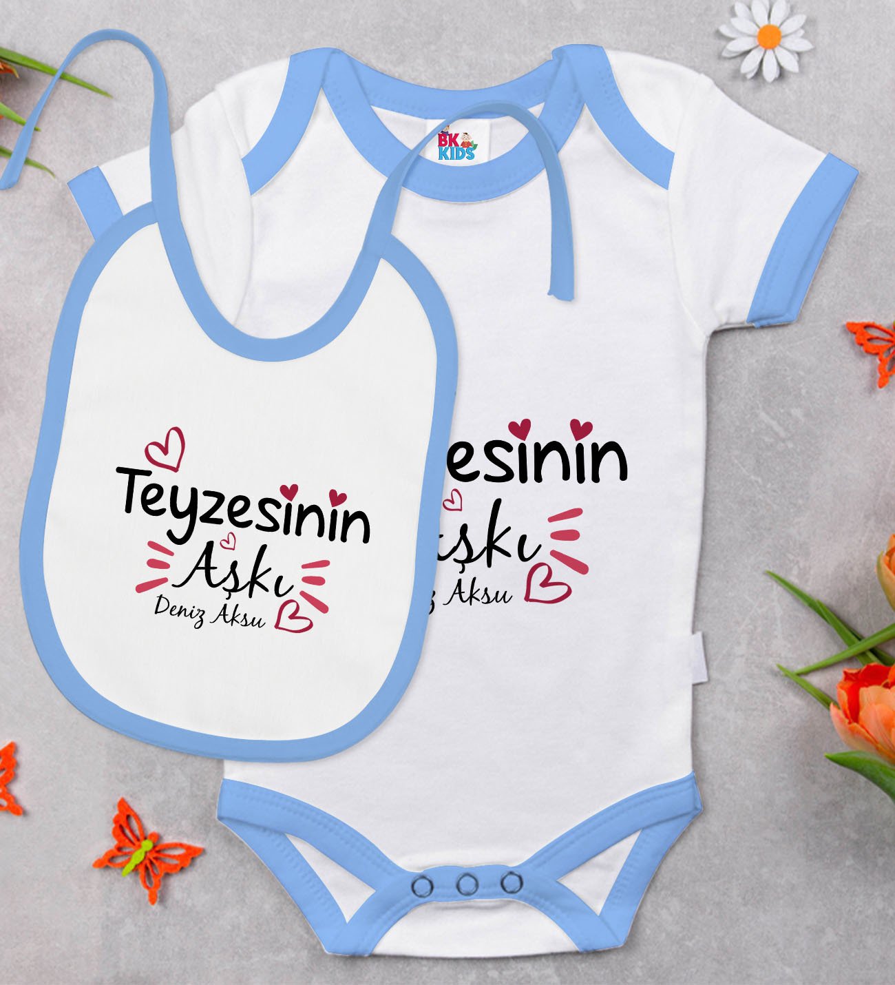 BK Kids Kişiye Özel Teyzesinin Aşkı Tasarımlı Mavi Bebek Body Zıbın ve Mama Önlüğü Hediye Seti
