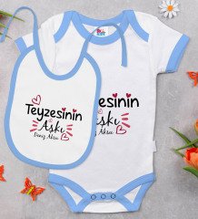 BK Kids Kişiye Özel Teyzesinin Aşkı Tasarımlı Mavi Bebek Body Zıbın ve Mama Önlüğü Hediye Seti