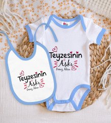 BK Kids Kişiye Özel Teyzesinin Aşkı Tasarımlı Mavi Bebek Body Zıbın ve Mama Önlüğü Hediye Seti
