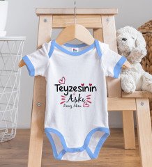 BK Kids Kişiye Özel Teyzesinin Aşkı Tasarımlı Mavi Bebek Body Zıbın ve Mama Önlüğü Hediye Seti