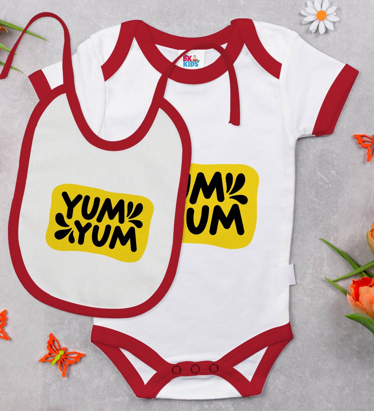 BK Kids Yum Yum Tasarımlı Kırmızı Bebek Body Zıbın ve Mama Önlüğü Hediye Seti-1