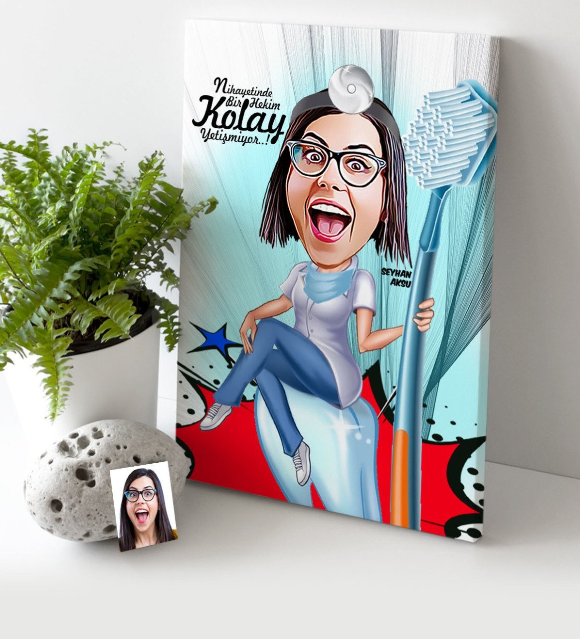 Kişiye Özel Bayan Diş Hekimi Karikatür Kanvas Tablo (30 x 50 cm.) 3