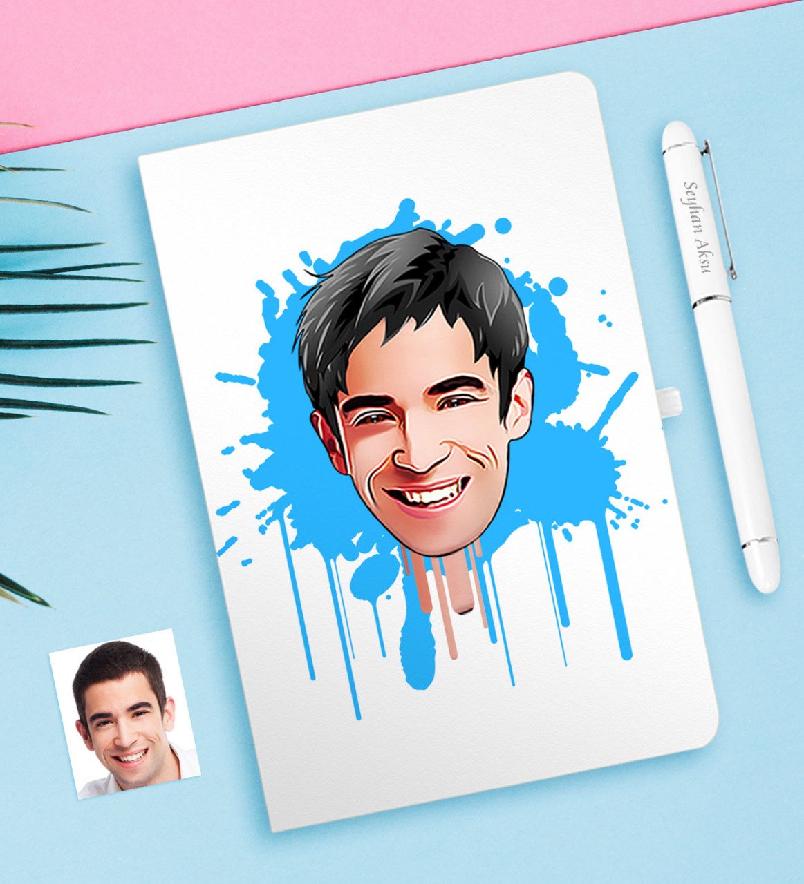 Kişiye Özel Erkek Karikatürlü Beyaz Defter ve Kalem Hediye Seti-31