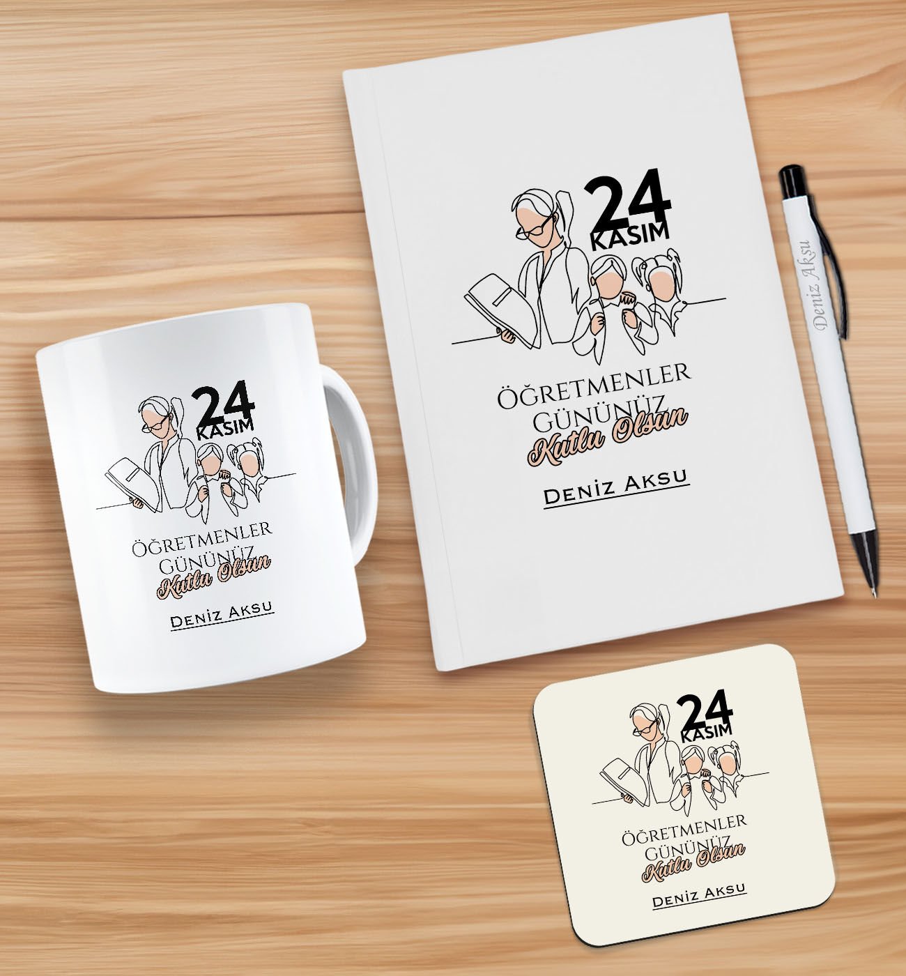 BK Gift Kişiye Özel İsimli Öğretmenler Günü Tasarımlı Beyaz Defter, Tükenmez Kalem, Kupa ve Bardak Altlığı Hediye Seti- 18, Öğretmene Hediye, Öğretmenler Günü