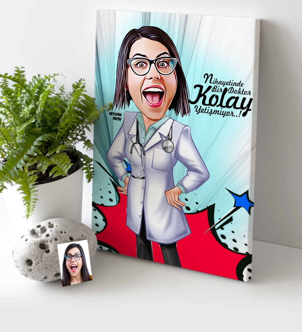 Kişiye Özel Bayan Doktor Karikatür Kanvas Tablo (30 x 50 cm.) 2