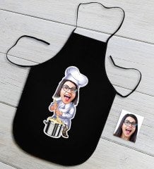 Kişiye Özel Bayan Chef Karikatürlü Siyah Mutfak Önlüğü-1
