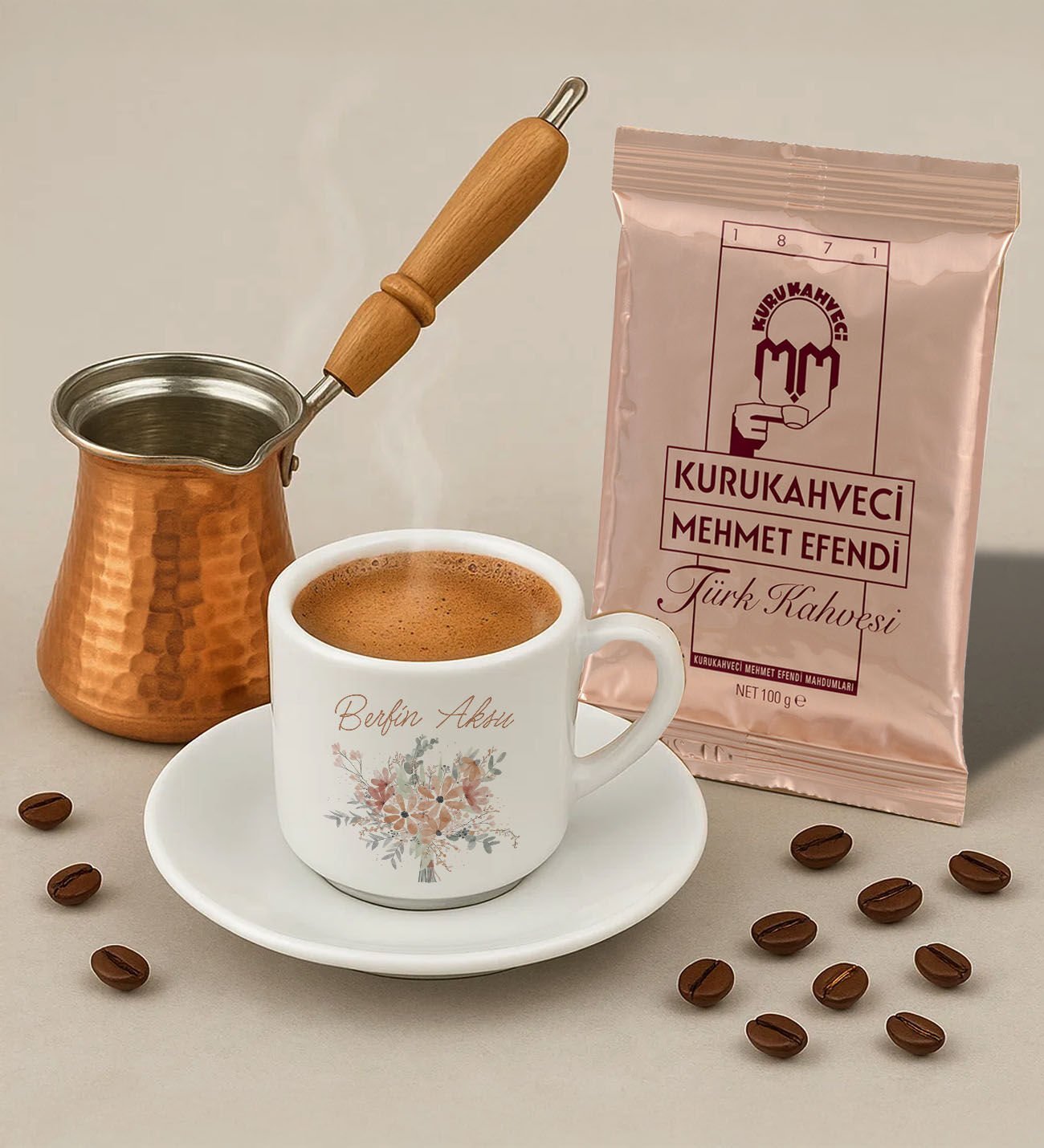 BK Gift Kişiye Özel İsimli Çiçek Tasarımlı Türk Kahvesi Fincanı & Bakır Cezve & Türk Kahvesi Seti-19, Arkadaş Hediye, Sevgiliye Hediye