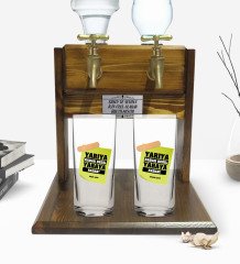 Kişiye Özel Renkli Baskılı Yarıya Kadar Değil Yaraya Kadar Tasarımlı İkili Rakı Bardağı ve Çift Musluklu Doğal Ahşap Rakı Standı-3