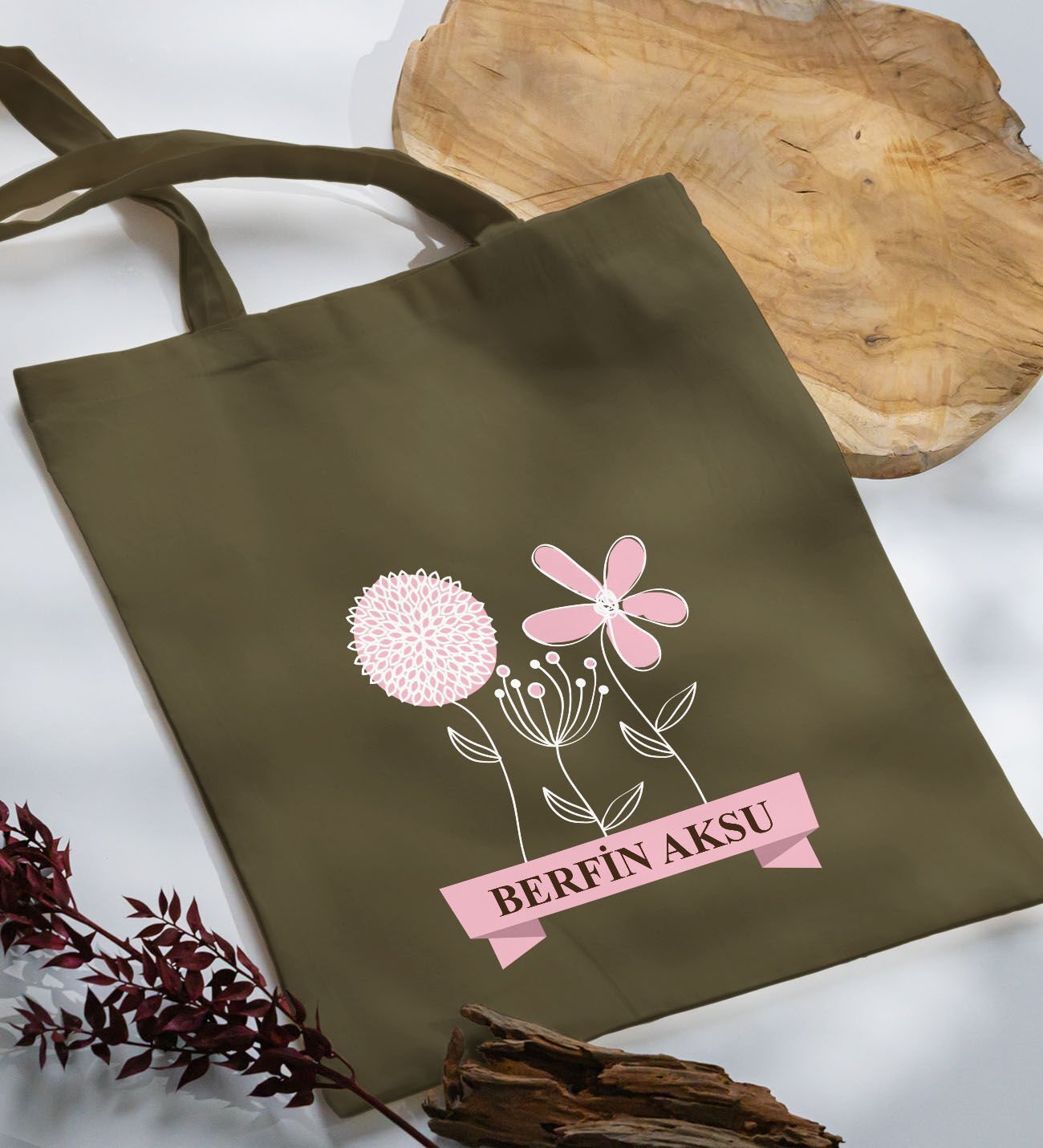 BK Gift Kişiye Özel İsimli Anneler Günü Tasarımlı Haki Kumaş Bez Çanta, Baskılı Omuz Çantası, Alışveriş Çantası, Anneler Günü Hediyesi, Anneye Hediye-4
