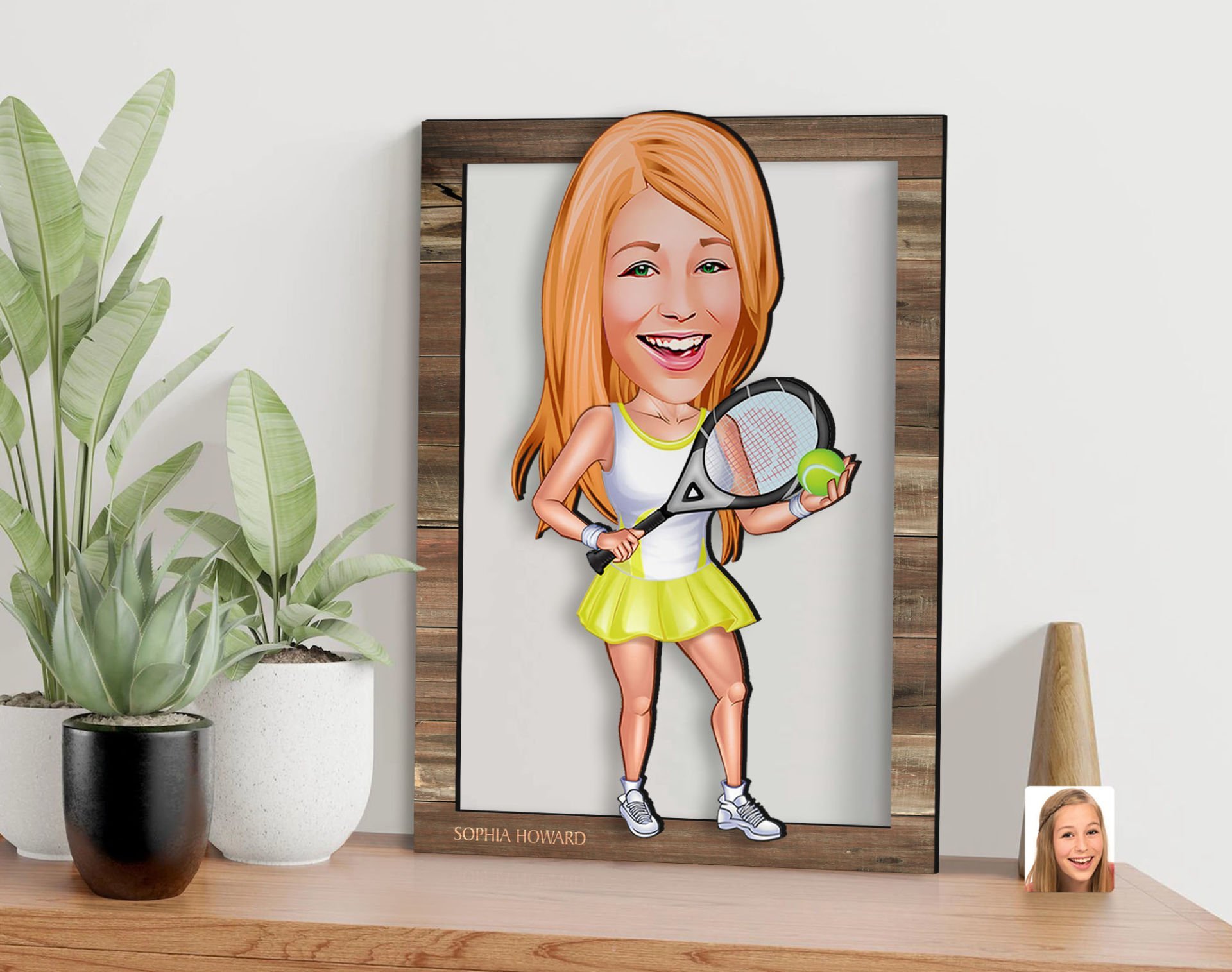 BK Gift Kişiye Özel Kadın Tenis Oyuncusu Karikatürlü 3D Ahşap Tablo, Sevgiliye Hediye, Arkadaşa Hediye, Yıl Dönümü Hediyesi, Doğum Günü Hediyesi-2