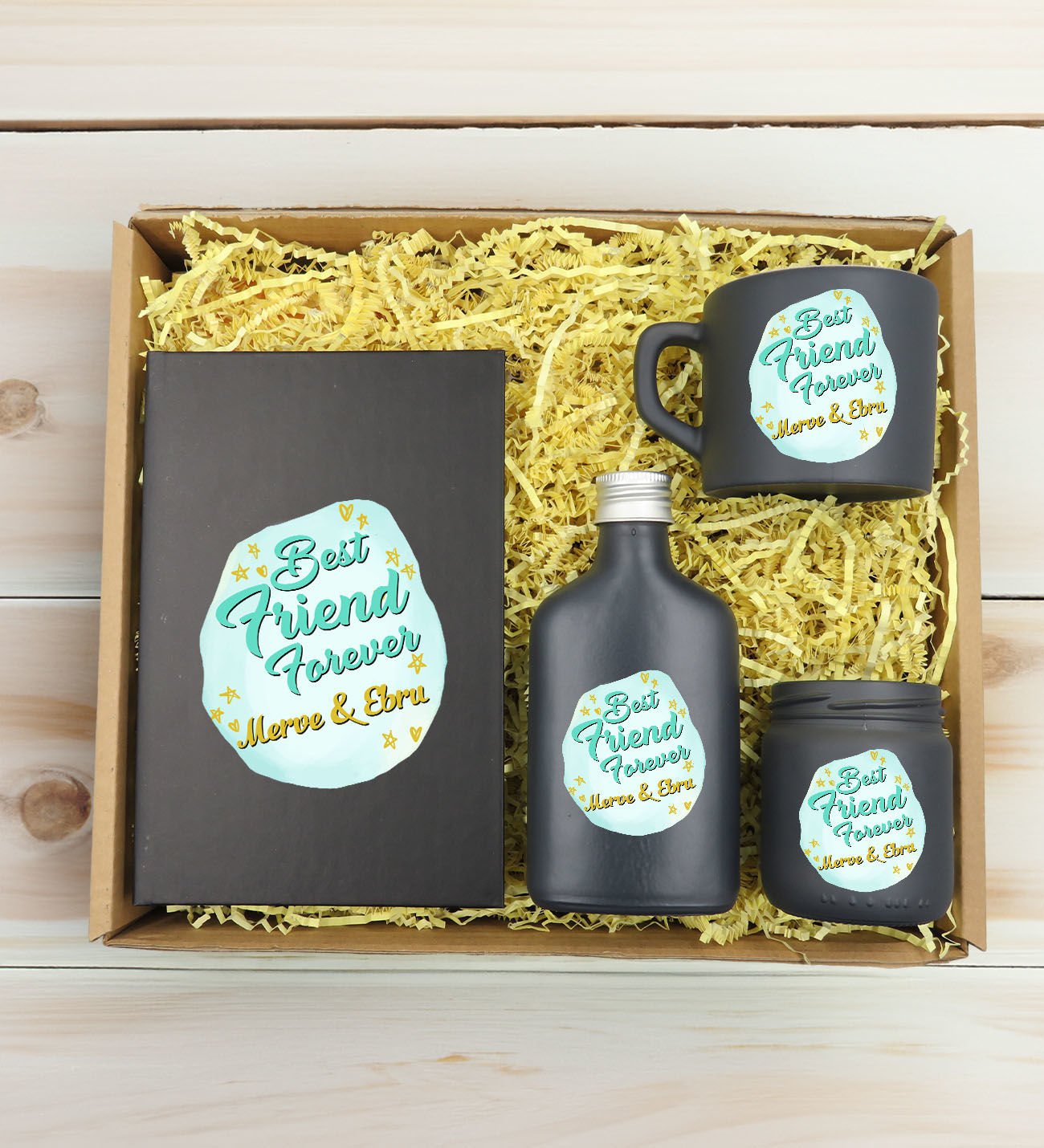 BK Gift Kişiye Özel İsimli DTF Best Friend Temalı Antrasit Defter & Kahve Fincanı & Kolonya & Mum Hediye Seti-2, Arkadaşa Hediye, Doğum Günü Hediyesi