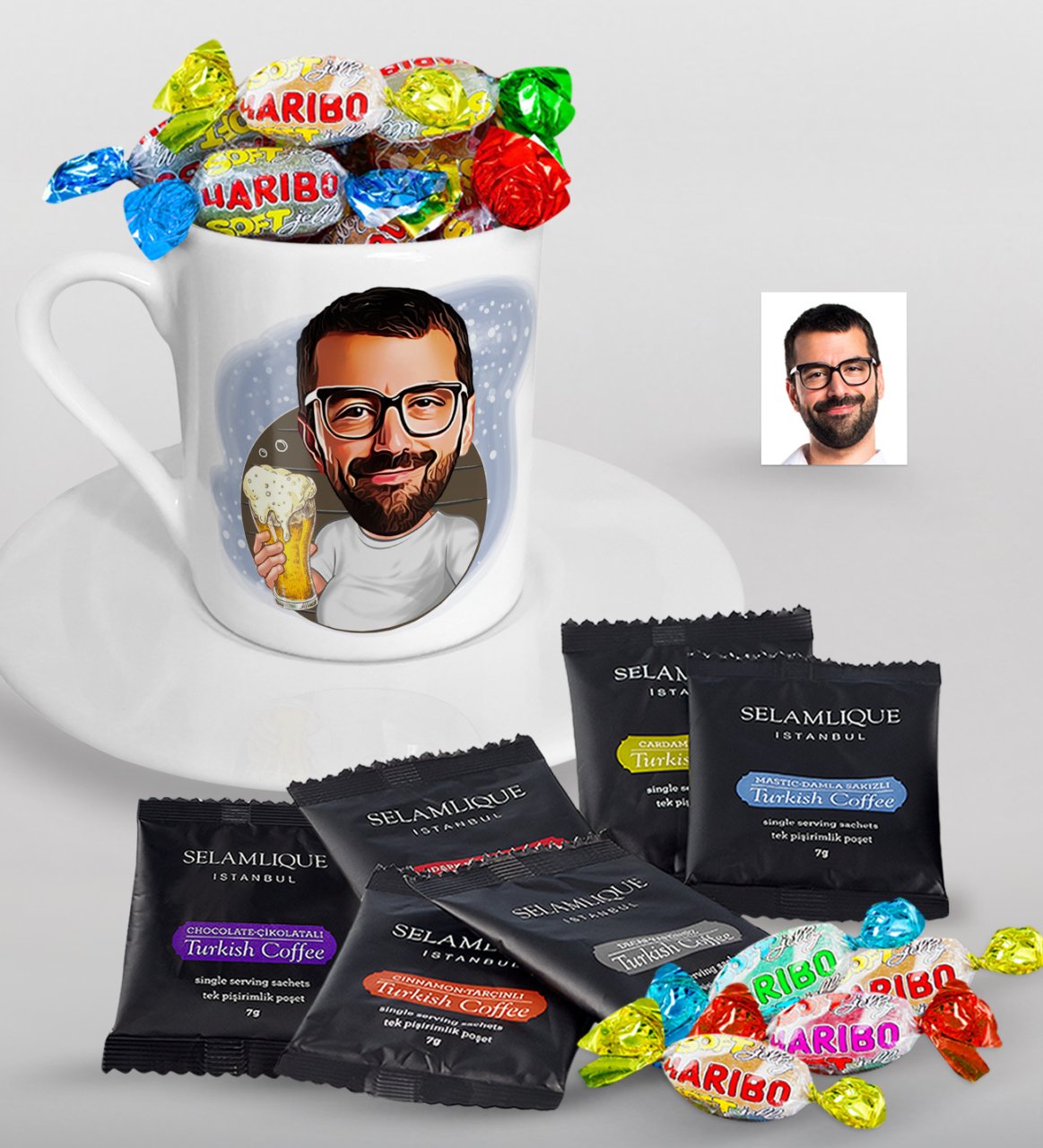 Kişiye Özel Bay Karikatürlü Türk Kahvesi Fincanı Selamlique Karışık Türk Kahvesi ve Haribo Şeker Hediye Seti-5