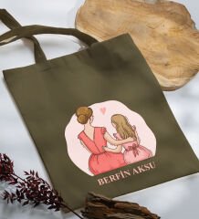 BK Gift Kişiye Özel İsimli Anneler Günü Tasarımlı Haki Kumaş Bez Çanta, Baskılı Omuz Çantası, Alışveriş Çantası, Anneler Günü Hediyesi, Anneye Hediye-5