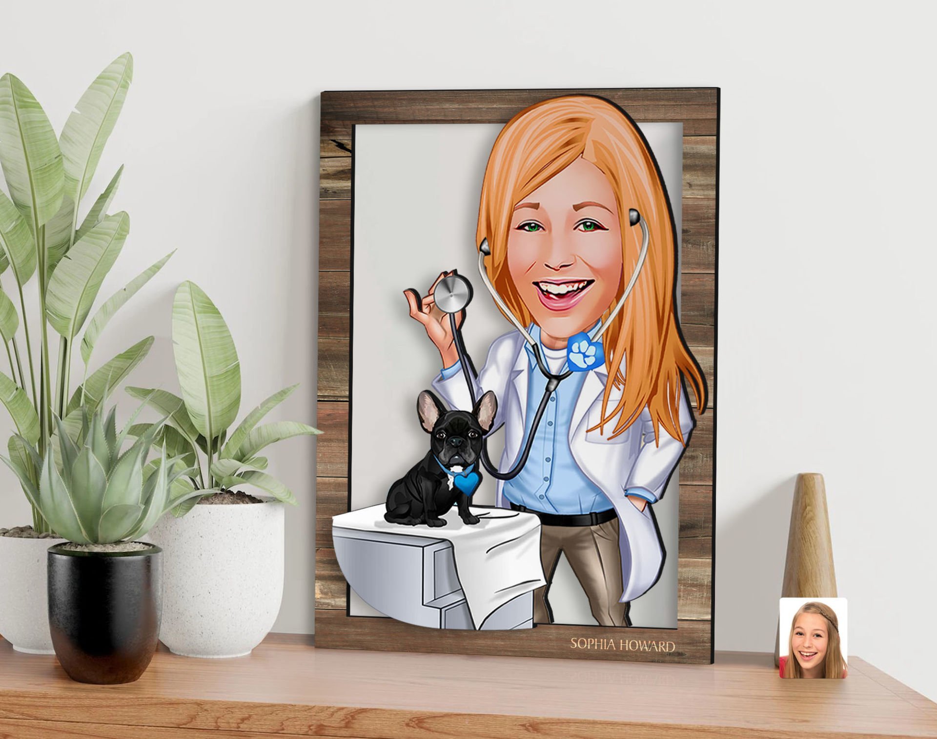 BK Gift Kişiye Özel Kadın Veteriner Hekim Karikatürlü 3D Ahşap Tablo, Sevgiliye Hediye, Arkadaşa Hediye, Yıl Dönümü Hediyesi, Doğum Günü Hediyesi-1