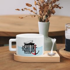 BK Gift Kişiye Özel İsimli Denizci Tasarımlı-2, Ahşap Altlıklı Seramik Fincan, Meslek Hediyesi, Yeni İş Hediyesi