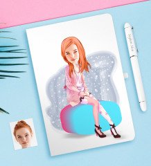 Kişiye Özel Kadın Karikatürlü Beyaz Defter ve Kalem Hediye Seti-32