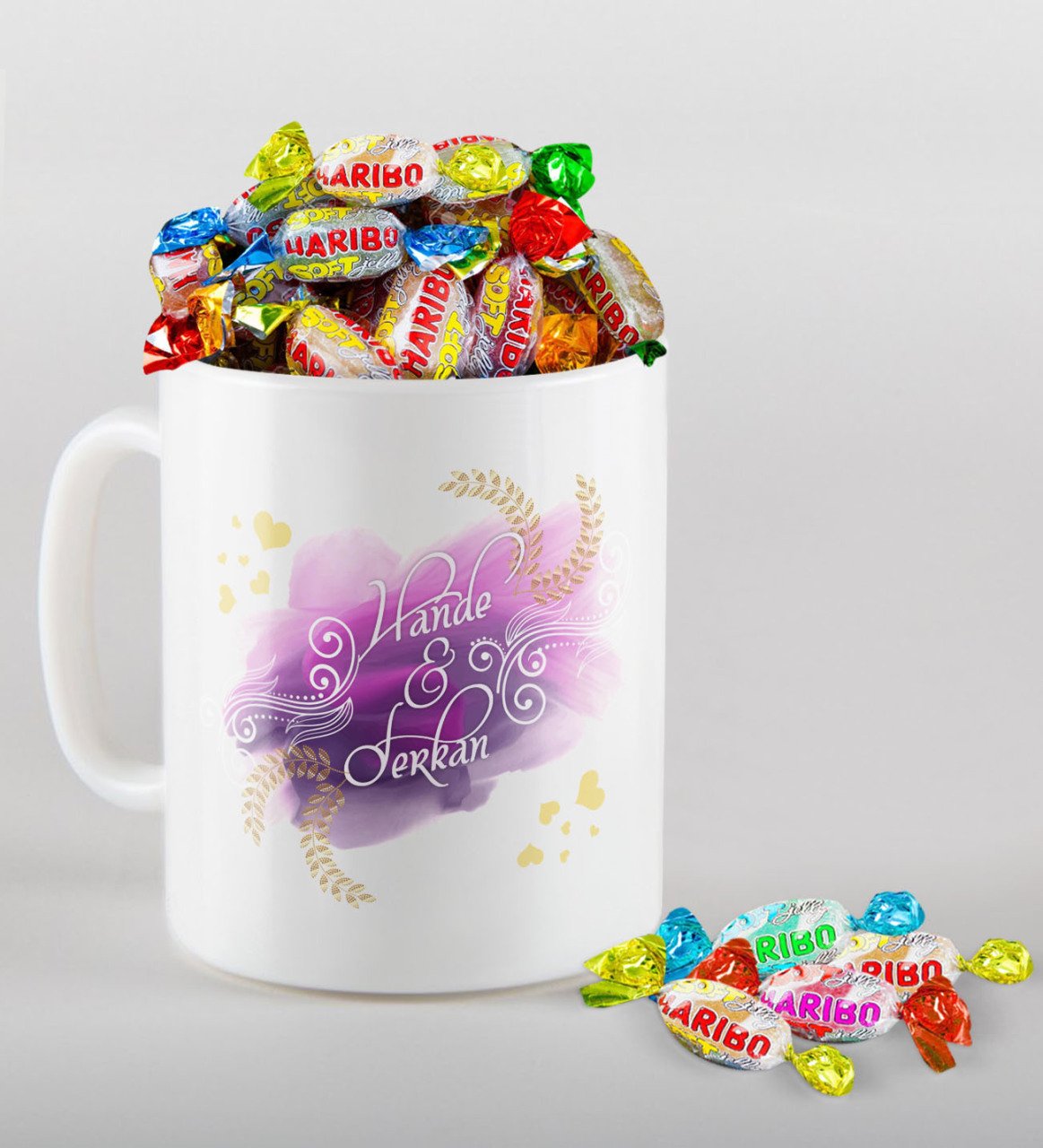 Kişiye Özel Sevgililer Günü Beyaz Kupa ve Haribo Şeker Hediye Seti-121