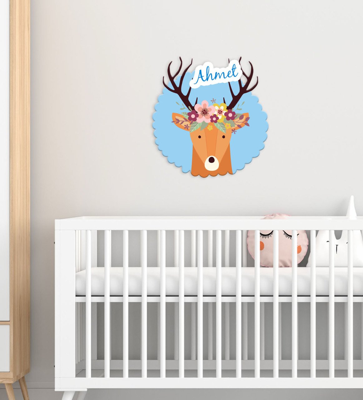 Kişiye Özel Sevimli Geyik Tasarımlı Çocuk Odası Ahşap Duvar Süsü-2
