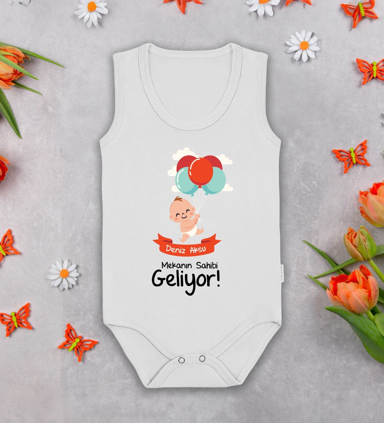 BK Kids Kişiye Özel Mekanın Sahibi Geliyor Beyaz Askılı Sıfır Kol Bebek Body Zıbın, Yeni Doğan Bebek Hediyesi