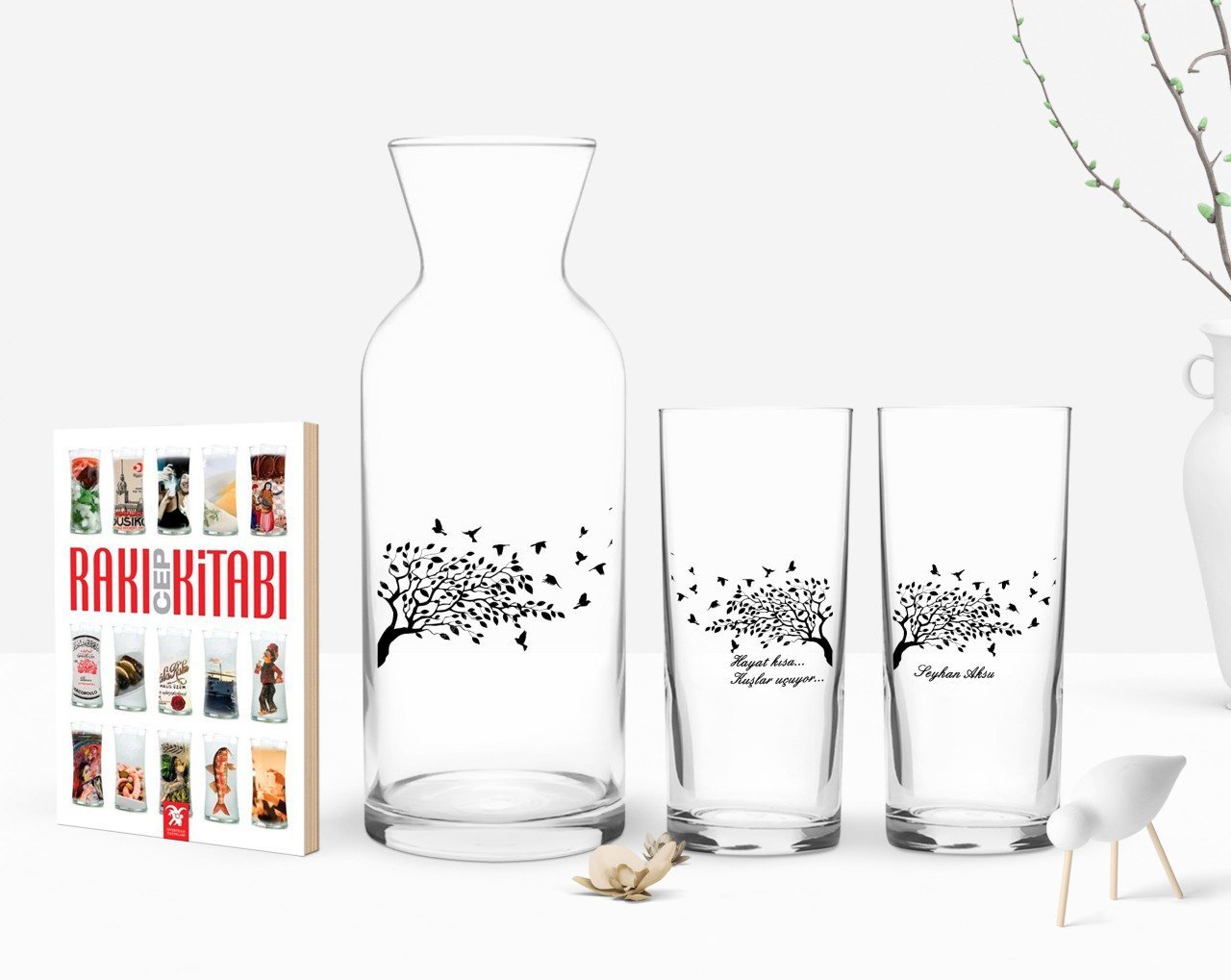 Kişiye Özel Renkli Baskılı Hayat Kısa Kuşlar Uçuyor Tasarımlı İkili Rakı Bardağı Karaf ve Cep Kitabı Hediye Seti-1