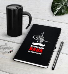 Kişiye Özel Muhteşem Baba Siyah Defter Kalem Termos Mug Seti