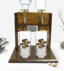 Kişiye Özel Renkli Baskılı Yarıya Kadar Değil Yaraya Kadar Tasarımlı İkili Rakı Bardağı ve Çift Musluklu Doğal Ahşap Rakı Standı-6