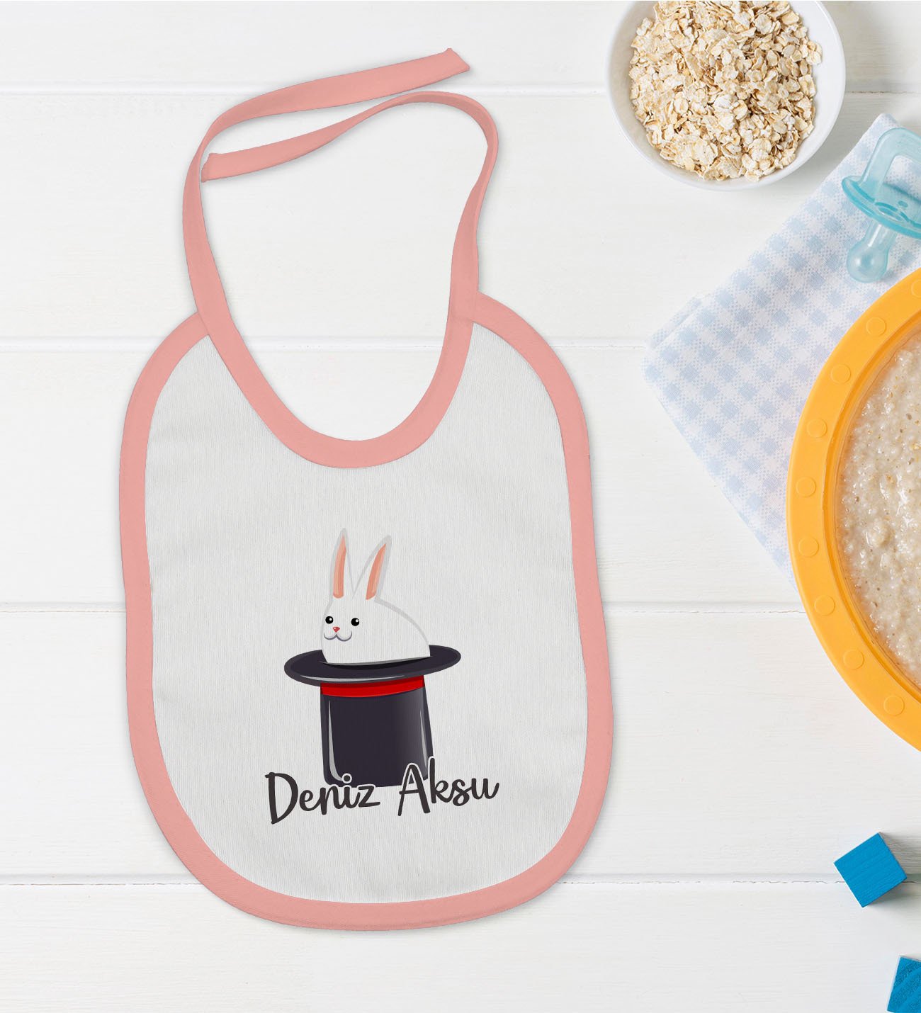 BK Kids Kişiye Özel Pembe Bebek Mama Önlüğü - Model 184