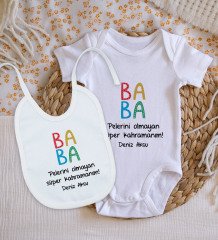 BK Kids Kişiye Özel Baba Tasarımlı Bebek Body Zıbın ve Mama Önlüğü Hediye Seti - Model 2