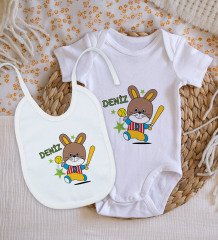BK Kids Kişiye Özel İsimli Bebek Body Zıbın ve Mama Önlüğü Hediye Seti - Model 12