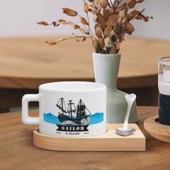 BK Gift Kişiye Özel İsimli Denizci Tasarımlı-5, Ahşap Altlıklı Seramik Fincan, Meslek Hediyesi, Yeni İş Hediyesi