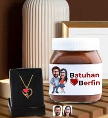 BK Gift Sevgiliye Özel Aşk Çiçeği Kalp Kolye ve Karikatürlü Nutella 400gr. Hediye Seti, Sevgililer Günü Hediye, Doğum Günü Hediyesi, Sevgiliye Hediye-5