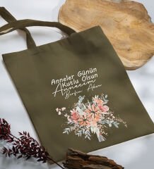 BK Gift Kişiye Özel İsimli Anneler Günü Tasarımlı Haki Kumaş Bez Çanta, Baskılı Omuz Çantası, Alışveriş Çantası, Anneler Günü Hediyesi, Anneye Hediye-9