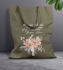 BK Gift Kişiye Özel İsimli Anneler Günü Tasarımlı Haki Kumaş Bez Çanta, Baskılı Omuz Çantası, Alışveriş Çantası, Anneler Günü Hediyesi, Anneye Hediye-9