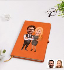 Kişiye Özel Sevgililer Karikatürlü Turuncu Termo Deri Defter Model 100