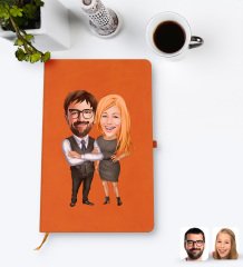 Kişiye Özel Sevgililer Karikatürlü Turuncu Termo Deri Defter Model 100