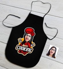 Kişiye Özel Bayan Chef Karikatürlü Siyah Mutfak Önlüğü-11