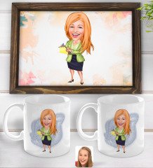 Kişiye Özel Kadın Asistan Karikatürlü Doğal Ahşap Tepsi ve 2’li Kupa Bardak Seti-2