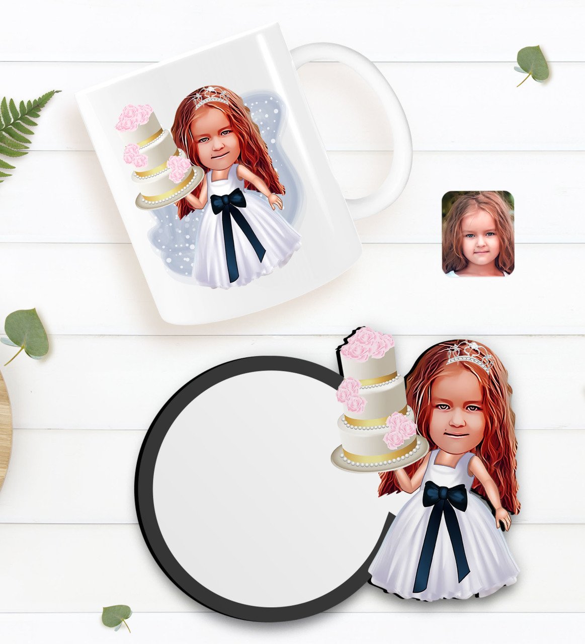 Kişiye Özel Çocuk Doğum Günü Karikatürlü Beyaz Kupa ve Ahşap Bardak Altlığı Hediye Seti-2