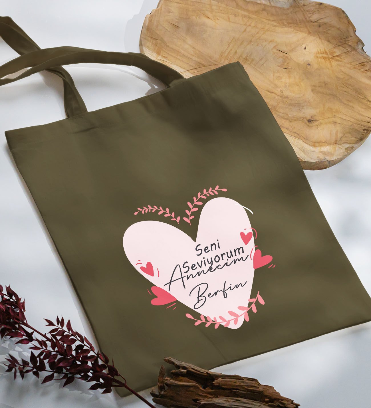 BK Gift Kişiye Özel İsimli Anneler Günü Tasarımlı Haki Kumaş Bez Çanta, Baskılı Omuz Çantası, Alışveriş Çantası, Anneler Günü Hediyesi, Anneye Hediye-10