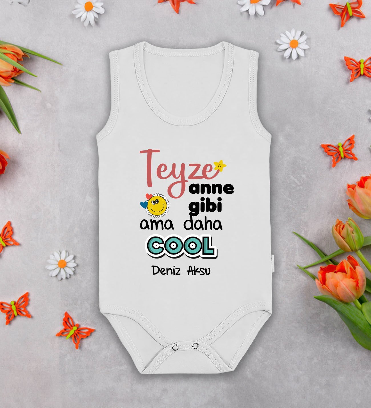 BK Kids Kişiye Özel Teyze Anne Gibi Beyaz Askılı Sıfır Kol Bebek Body Zıbın, Yeni Doğan Bebek Hediyesi