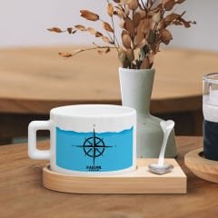 BK Gift Kişiye Özel İsimli Denizci Tasarımlı-7, Ahşap Altlıklı Seramik Fincan, Meslek Hediyesi, Yeni İş Hediyesi